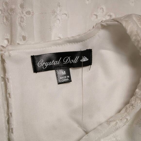 Crystal Doll White Eyelet Flutter Sleeve Shift Mini Dress Pleated Crochet Size M - Picture 9 of 14